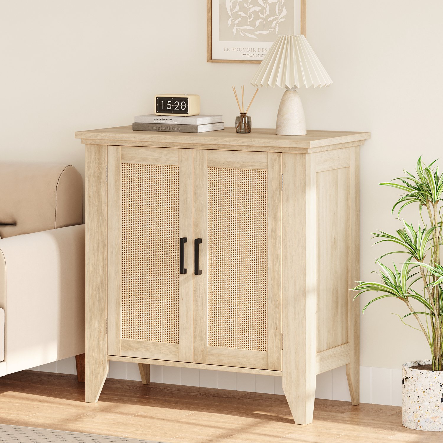 Opbergkast Rotan met 2 Deuren en Interne Planken - Rotan Opbergmeubel - Natuurlijk Eikenlook - Rustieke Stijl - voor Gang Woonkamer of Keuken