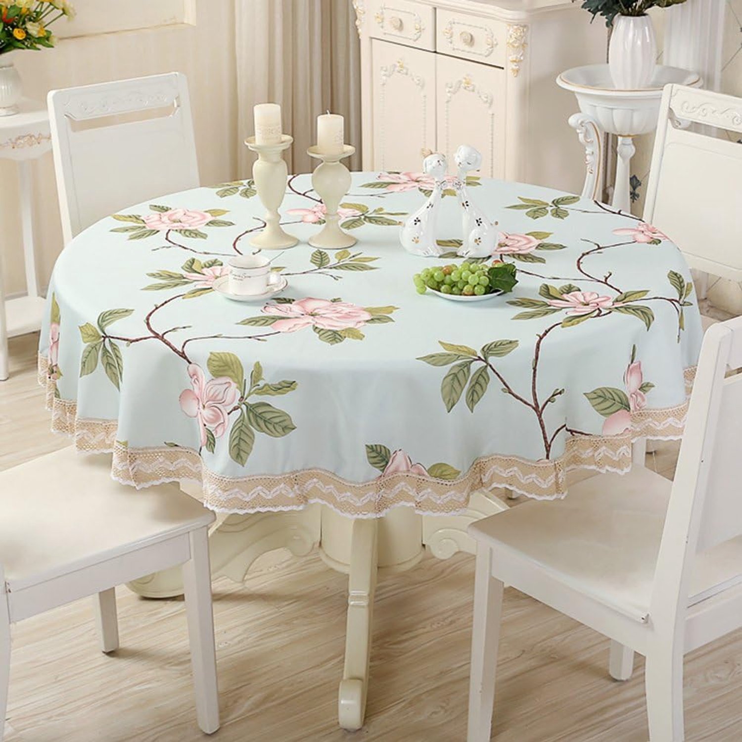 Decoratieve Bloemenprint Polyester Rechthoek/Ronde Tafelkleed Waterdichte Stof Kant Tafeldoek, Tafelhoes Voor Eetkamer, Keuken (Groene Mangnolia, 70"/180cm Rond)