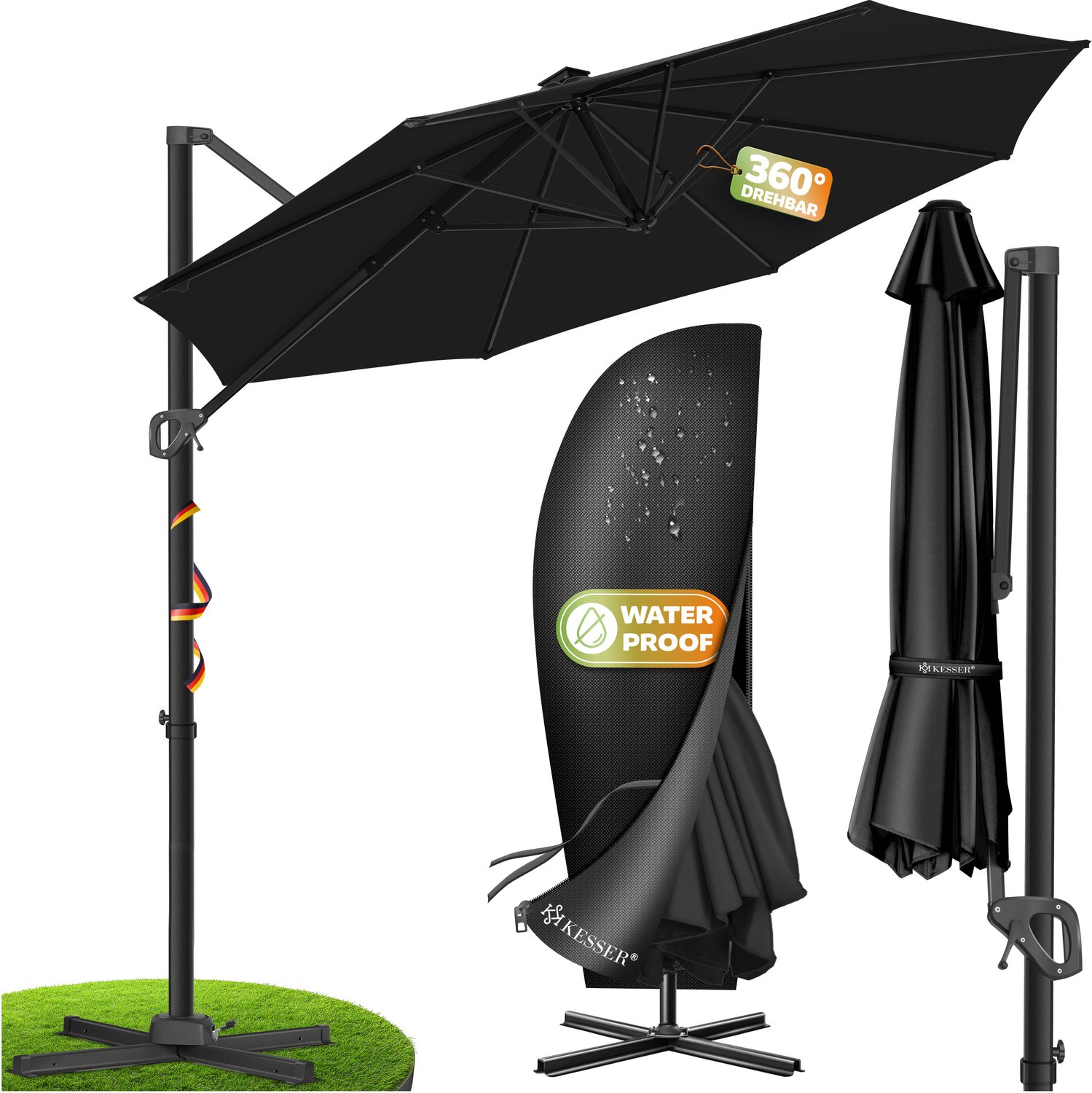 KESSER® Zweefparasol SUN XL Ø330 cm - 7-standen, 360° draaibaar, UV50+ - Zwart, Zonder LED