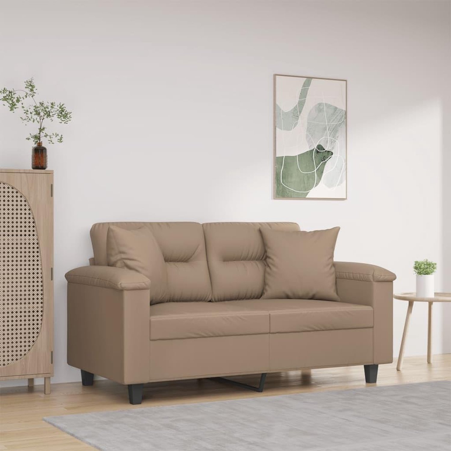 2-zitsbank met sierkussen cappuccino-bruin 120 cm kunstleer en fauteuilset cappuccino voor woonkamer en eetkamer, set van 2 met metalen frame