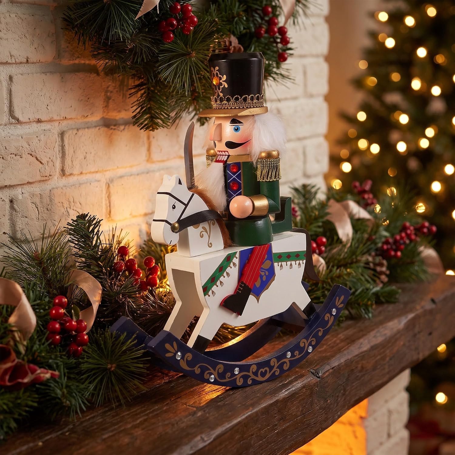 Houten Kerst Nutcracker Soldaat Ornament met Schommelpaard Robuuste Walnoot Soldaat Decoratie voor Sfeervolle Kersttafels Huisdecoratie
