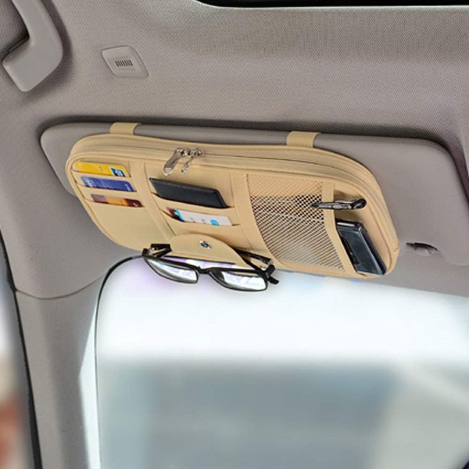 Auto Zonneklep Organizer, Auto Interieur Accessoires Pocket Organizer - Auto Truck SUV Opbergzakje Houder, met Multi-Pocket Net Rits (Beige)