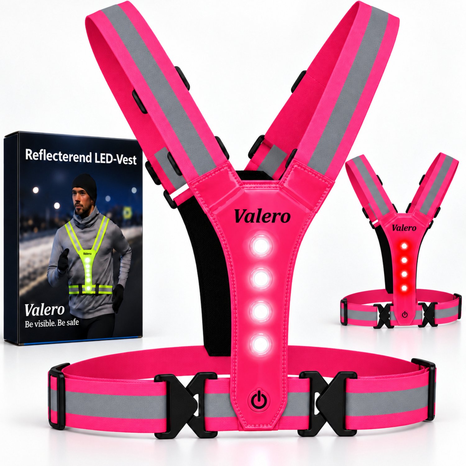 Valero® LED Hardloopvest met Verlichting – Reflecterend Veiligheidsvest met Wit & Rood LED Licht – Hardloopverlichting voor Hardlopen, Fietsen & Wandelen – Batterij – One Size – Roze