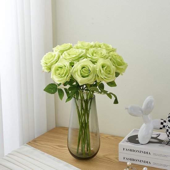 12 stuks kunstmatige zwarte rozen zijden bloemen, enkele lange steel nep roos bruids bruiloft boeket realistische bloem voor thuis verjaardagsfeestje arrangement tuin taart decoratie (groen) — afbeelding 4