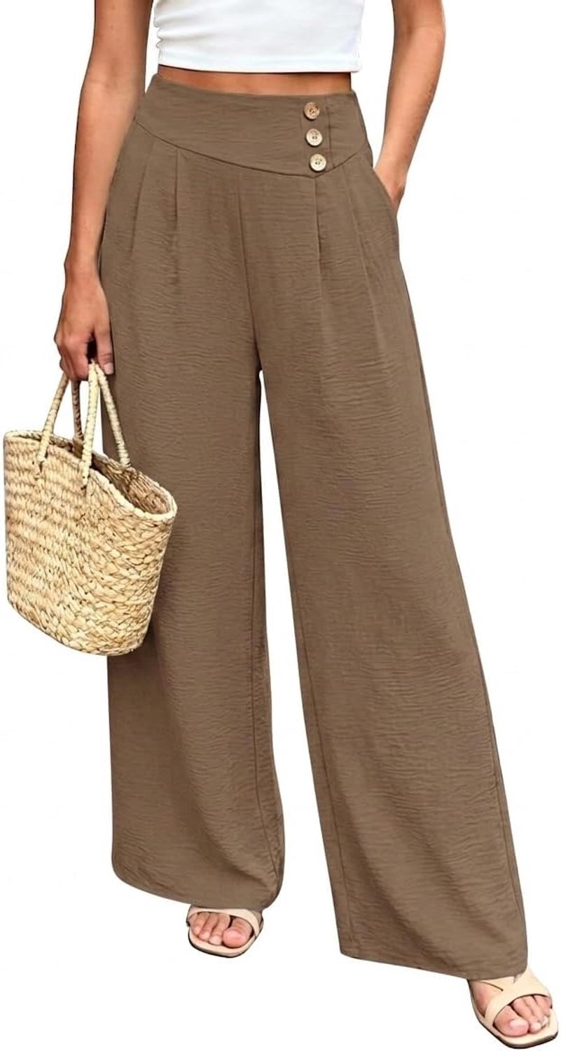 Palazzobroek voor dames, hoge taille, plooien, stoffen broek, wijde