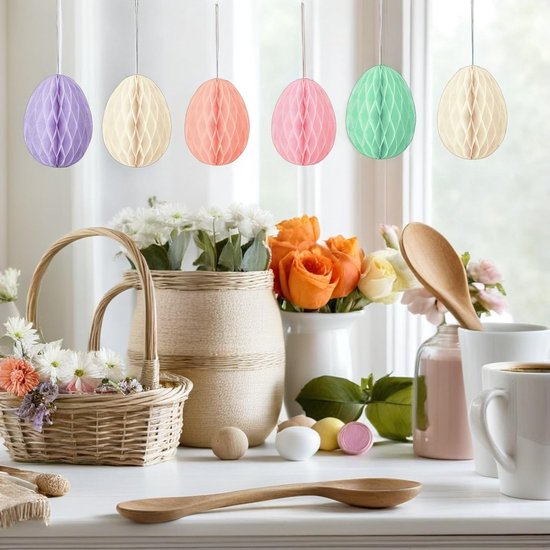 12 Stuks Delige Papieren Honingraat Eierdecoraties Hangende Pastelkleurige Eieren voor Paasfeest Kerstboomversiering Verjaardag Nieuwjaar Eenvoudig Hangen Herbruikbaar — afbeelding 5