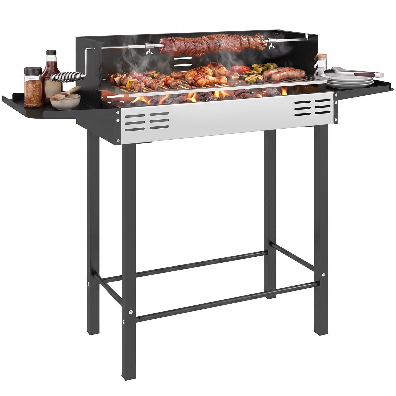 Houtskoolbarbecue, verstelbaar rooster, 1 draaispit, 118 x 32 x 90 cm, zwart en zilver