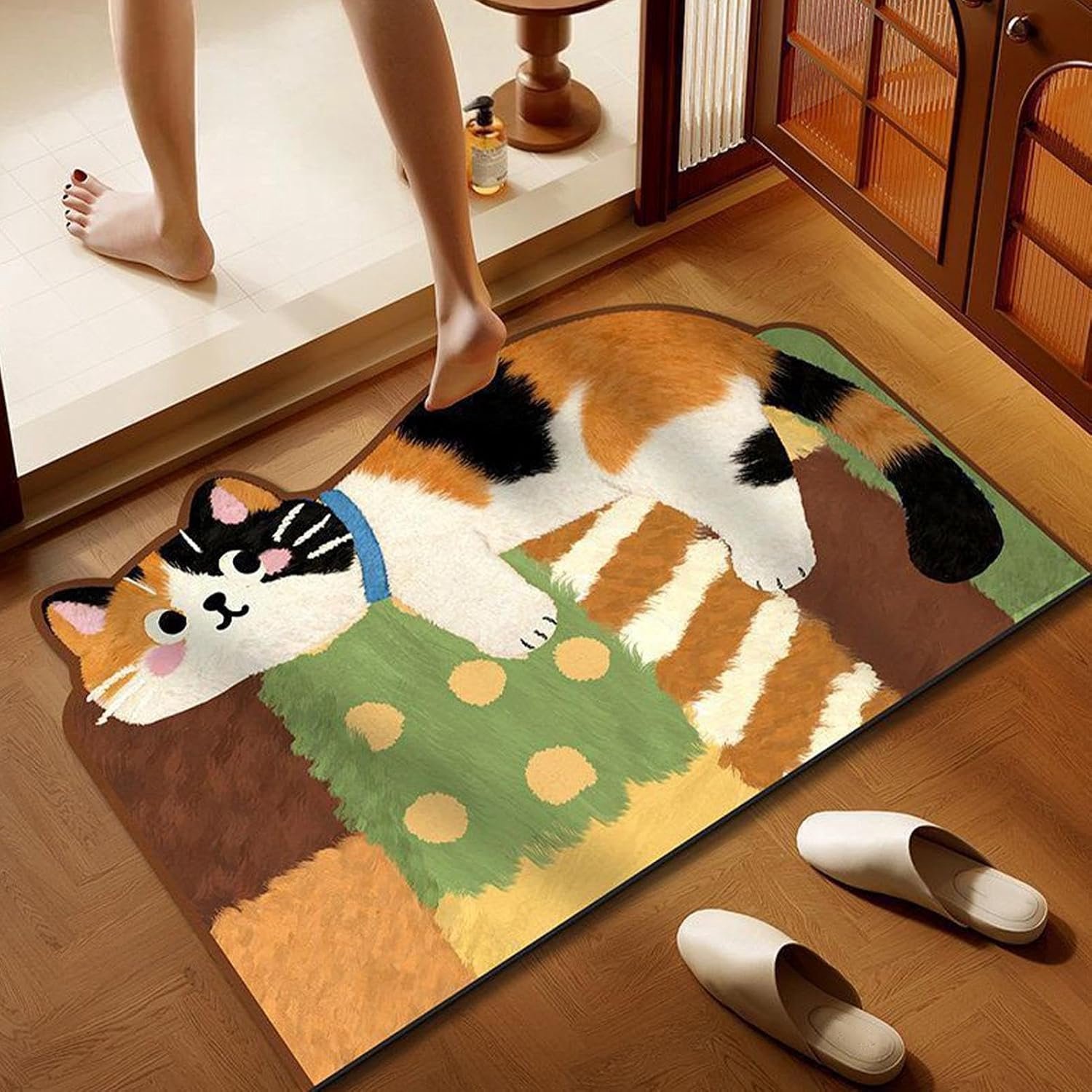 Antislip badkamermat van diatomeeënaarde met kattenmotief – schattig, absorberend en veilig voor douche, toilet, bad, hal of naast het bed (40 x 60 cm).
