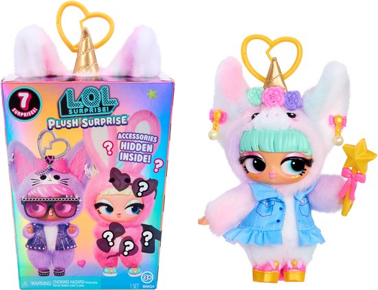 LOL Surprise Plush Surprise verpakking naast de Unique-Cora pop in eenhoornpak en accessoires.