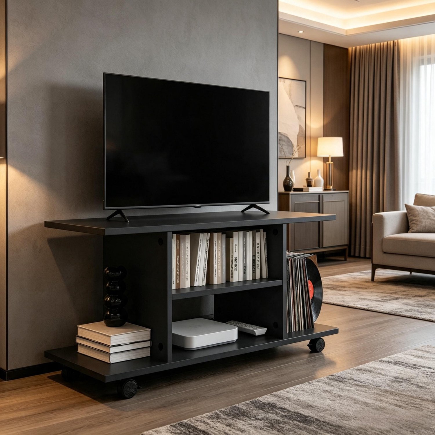 Clruro TV-Meubel - 80×40×40 cm - op Wielen - Open Vakken en Remmen - Spaanplaat - Zwart