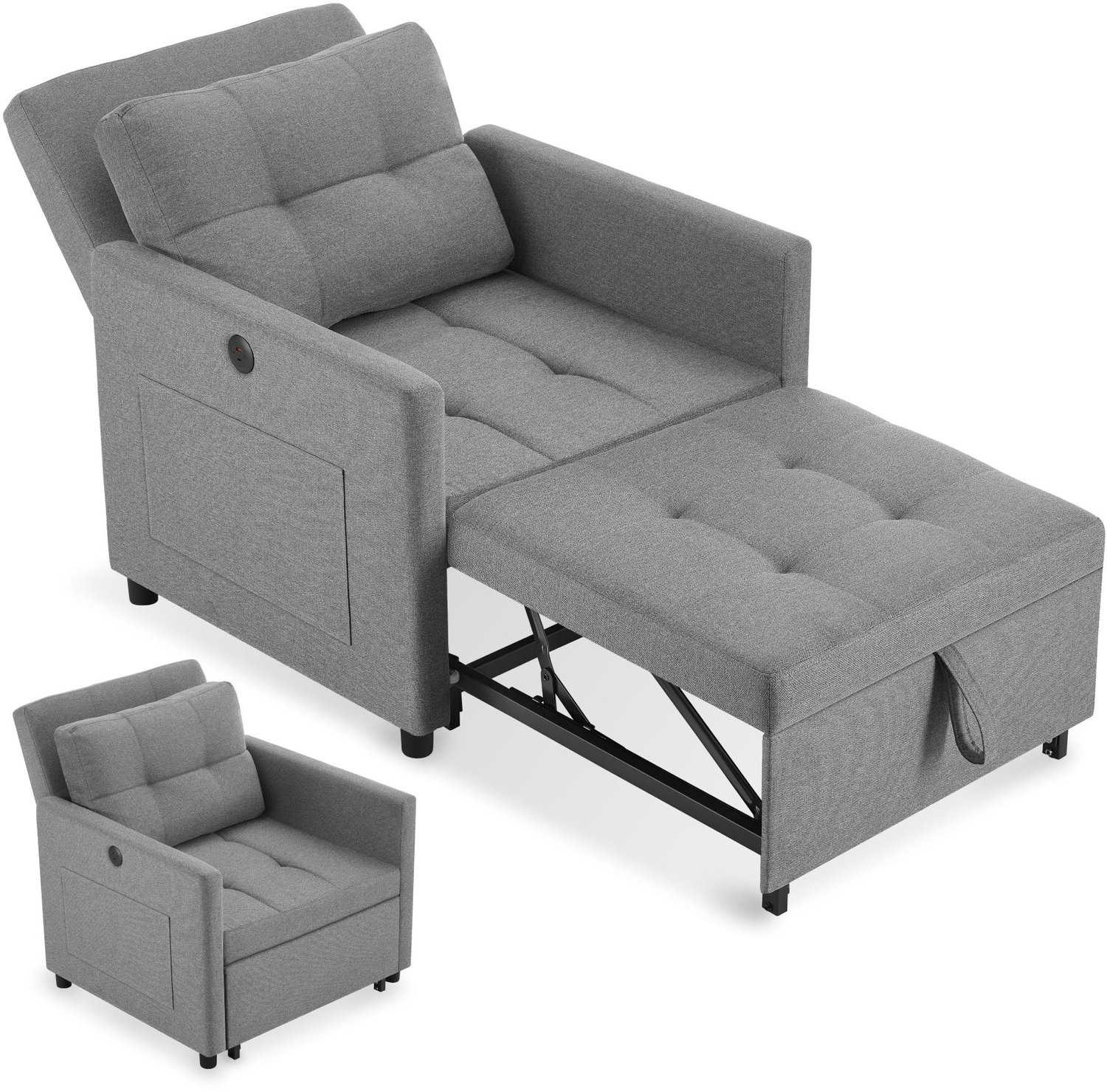 Tectake Slaapstoel 3-in-1 - Fauteuil, Ligstoel en Logeerbed in Eén - 6-Voudig Verstelbare Rugleuning - Relaxstoel met USB-A/USB-C Opladers - Zijvakken en Rugkussen - Draagvermogen 150 kg - Lichtgrijs