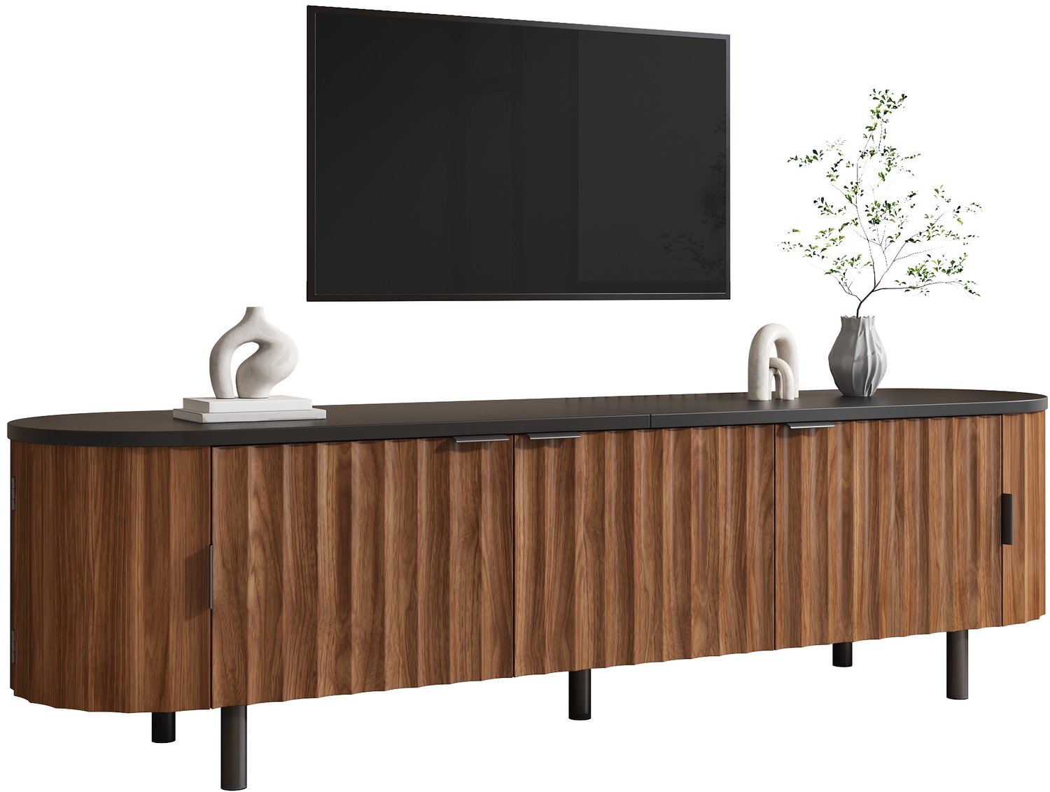 Clruro TV-Meubel - 170×40×47 cm - 5 Ribbeldeuren - Afgeronde Zijden - MDF/IJzer - Walnoot