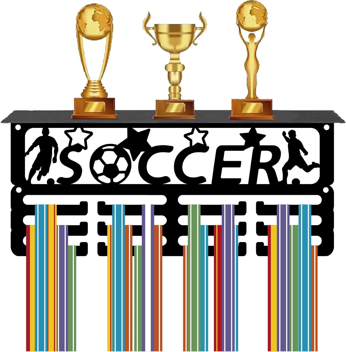 CREATCABIN Football Medal Trophy Display Shelf Medal Hanger Display Shelf with 12 Hooks Standard Wall Mounted Holds 70+ Medals Holder Hanger Sport Foo