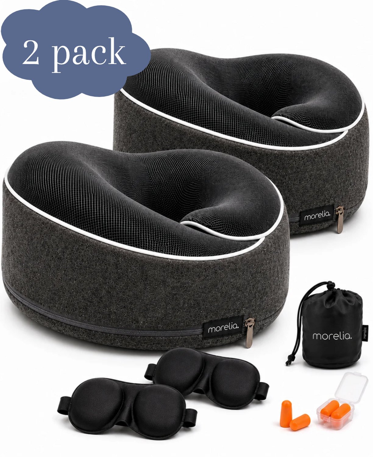 Bol.com Morelia® 2x Volledige Set Nekkussen - Luxe Reiskussen voor het Vliegtuig en de Auto - Traagschuim - Donker Grijs aanbieding