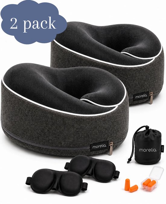 2x coussins de voyage noirs de luxe en mousse à mémoire de forme, avec masque pour les yeux et bouchons d'oreilles.