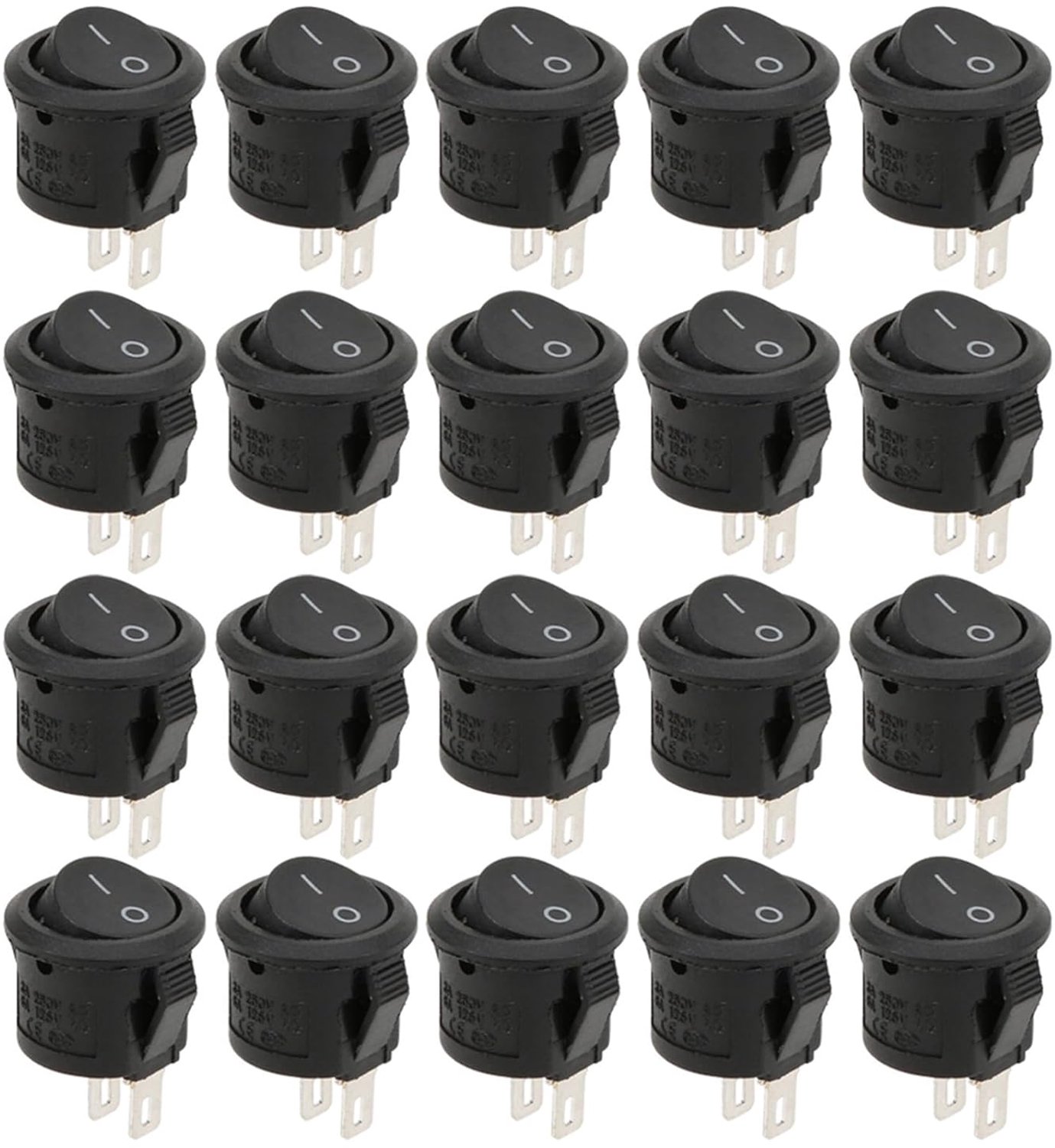 Rocker Switch On/Off 2 Positions, 2 Pins 20A 250V, Round Plastic 16mm Diameter, 20 Pieces - ShopVlot