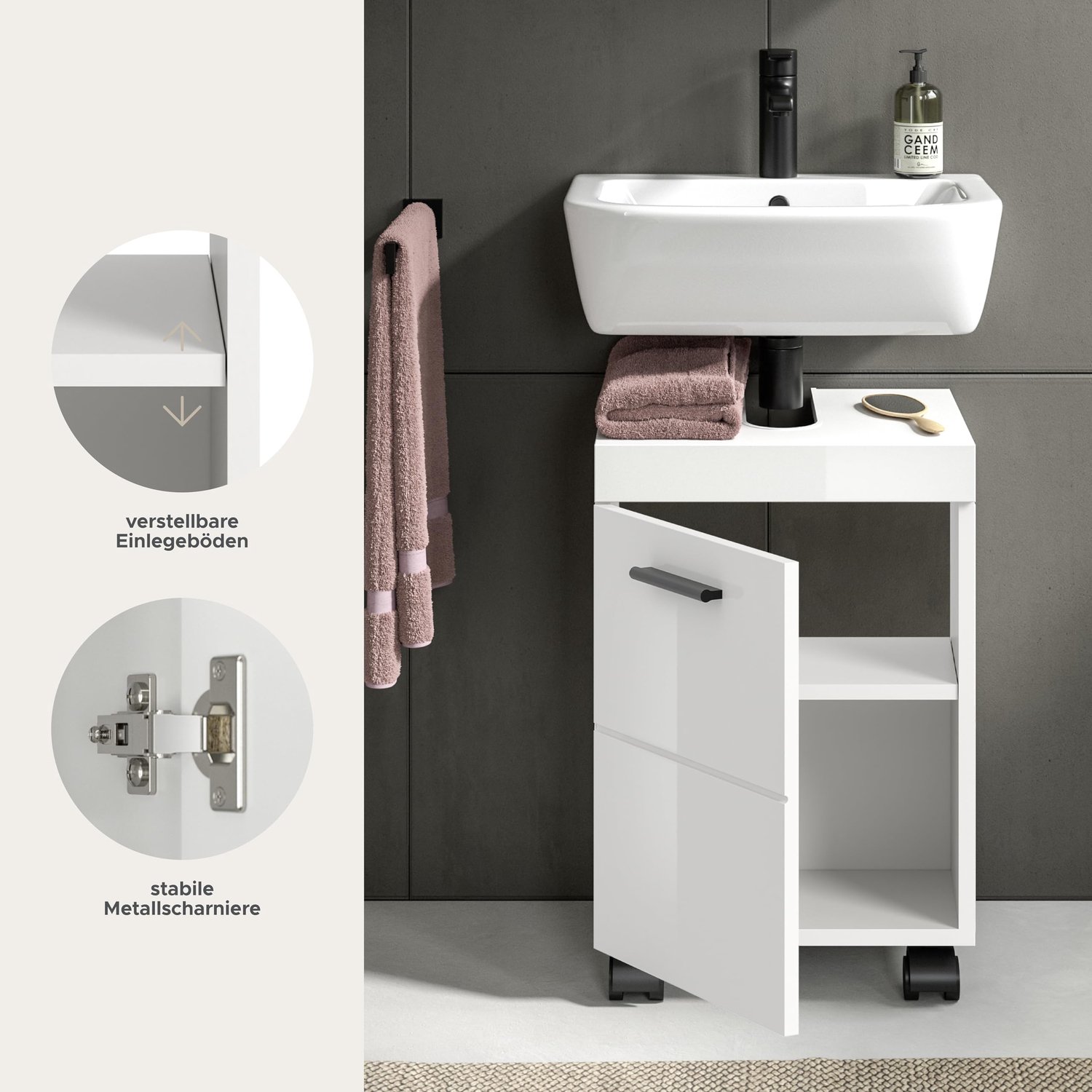 xonox.home – Wastafelonderkast Nova op wielen 40 x 58 x 30 cm in wit hoogglans – mobiele badkameronderkast met 1 deur - ShopVlot
