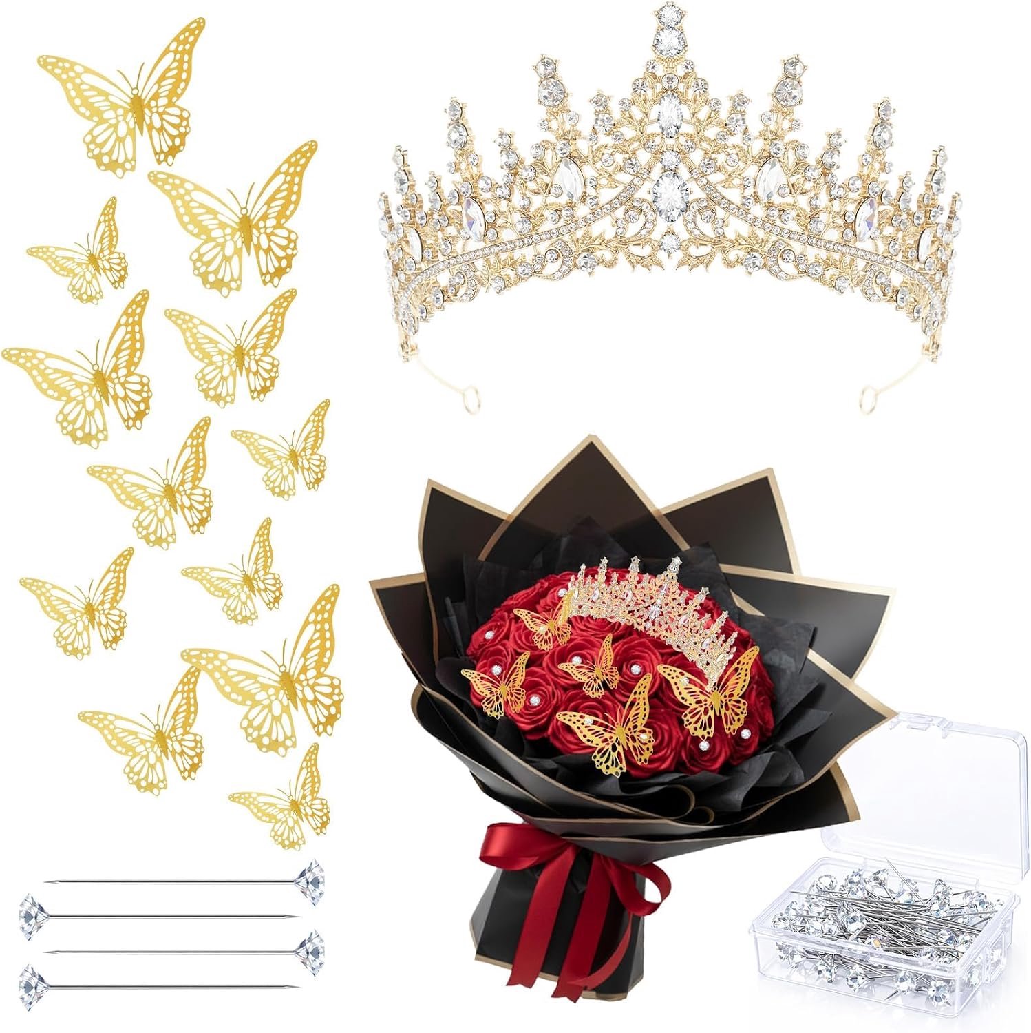 Crowns for Bouquets, 63 Pieces Bouquet Decorative Studs, Bouquet Accessories with Crown, 3D Butterfly, Pins Flower - ShopVlot