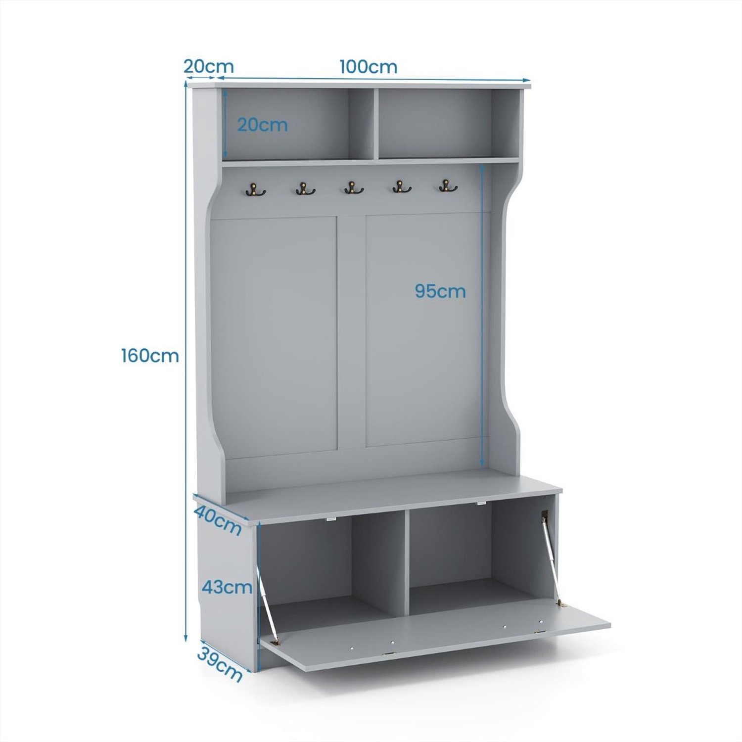 SureDeal® - Kledingrek - Kledingstandaard - Zitbank - Dubbele Haken Garderobe - 100x40x160 cm - Grijs