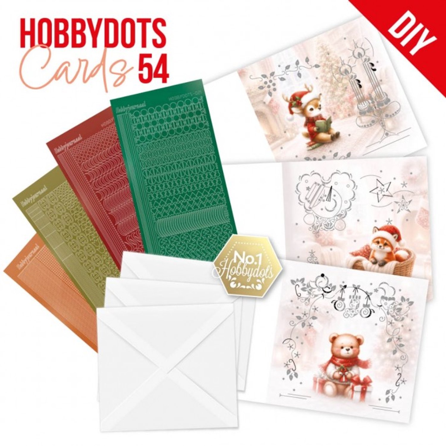 Hobbydots Cards 54 - Furry Christmas Friend - Drie voorgedrukte kaarten, vier HobbyDots-stickers - Gratis verzonden - DODOPP054