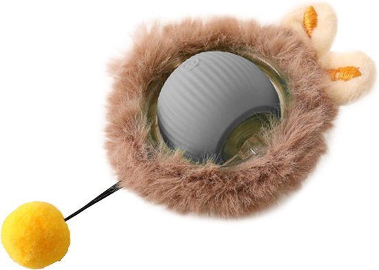 Grijze interactieve speelbal met pluche bruine hoes, met gele pompon eraan.