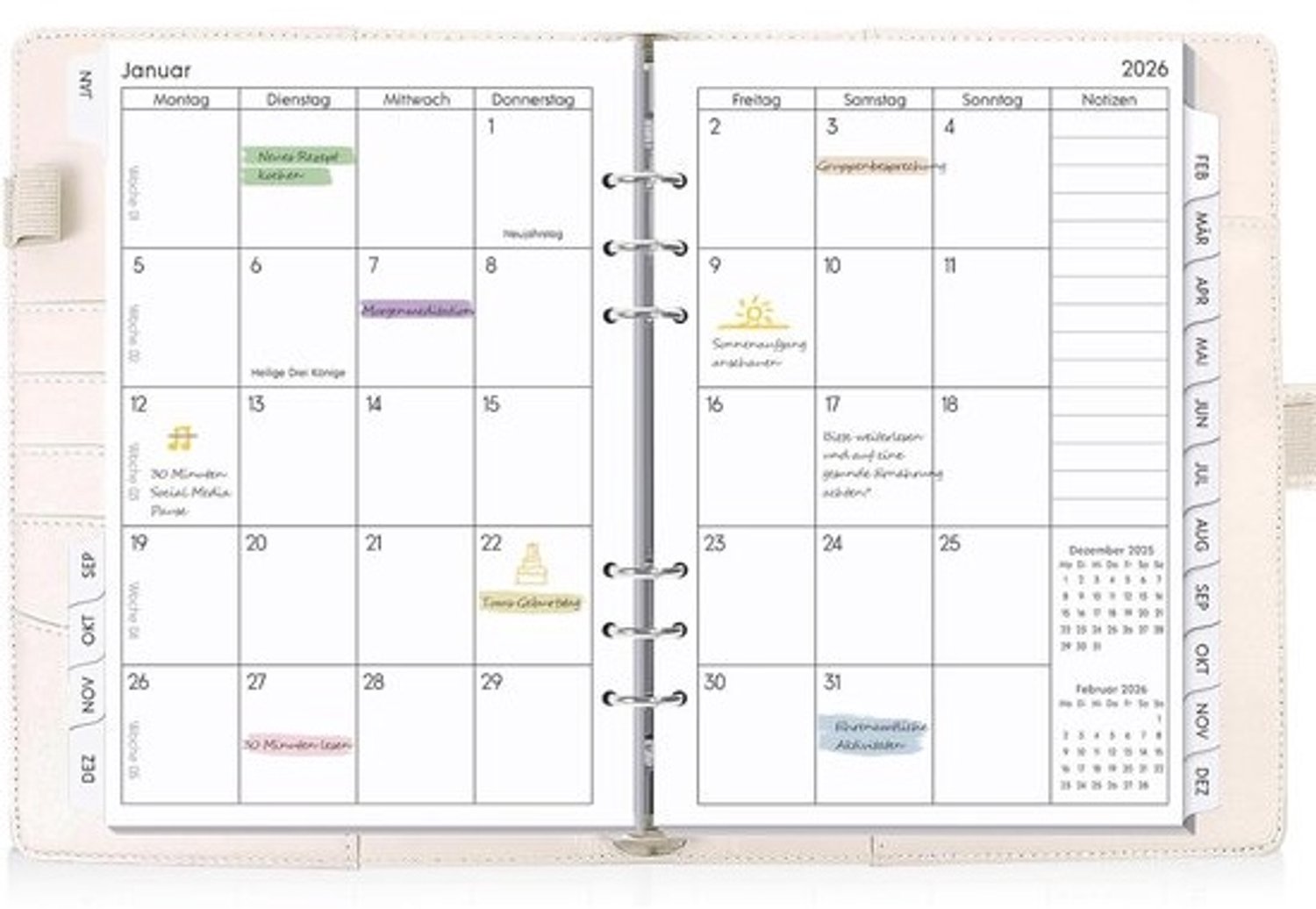 Navulbare A5-kalender en afsprakenplanner - december 2025 t/m december 2026 - beige