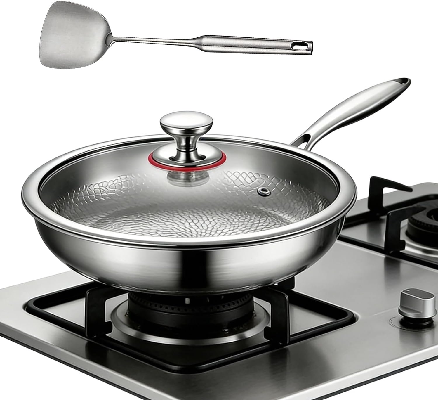 Pan van zuiver titanium met gehamerd motief voor koken - Gehamerde anti-kras antiaanbaklaag koekenpan met deksel compatibel met alle kookplaten (30 cm)