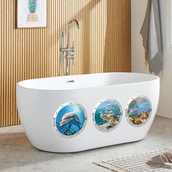3 stuks 3D-wandtattoo, onderwaterwereld, muurstickers, muurstickers, badkamerfoto's, patrijspoort, oceaan, afbeelding, vissen, sticker, wanddecoratie voor badkamer, slaapkamer, woonkamer, — afbeelding 4