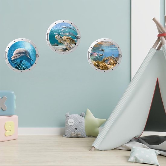 3 stuks 3D-wandtattoo, onderwaterwereld, muurstickers, muurstickers, badkamerfoto's, patrijspoort, oceaan, afbeelding, vissen, sticker, wanddecoratie voor badkamer, slaapkamer, woonkamer, — afbeelding 2