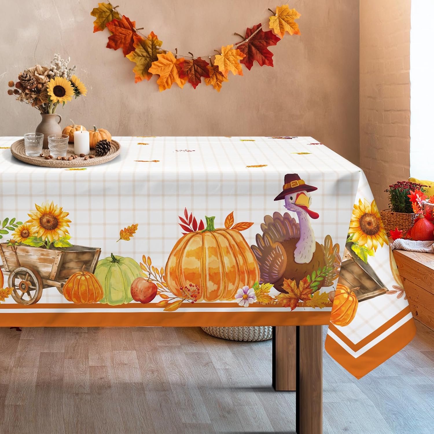 Thanksgiving kalkoen tafelkleed waterdicht herfst esdoornbladeren pompoenen tafelkleed rechthoek vlekbestendig seizoensgebonden tafelkleed voor thuis, keuken, eetkamer, feest decoratie (140 x