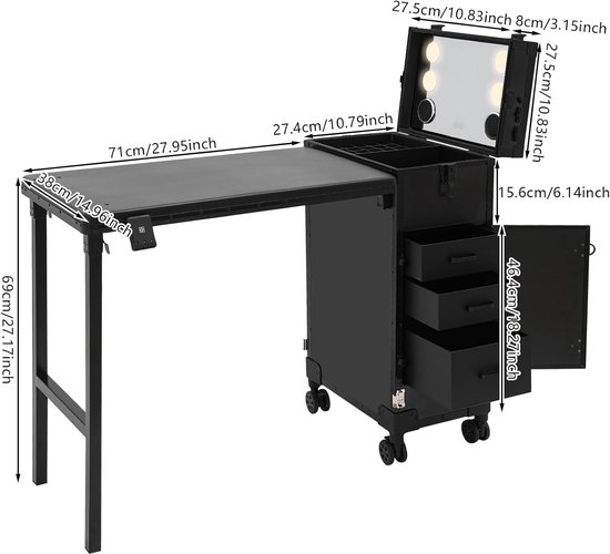 Opvouwbare cosmeticakoffer, met tafel, drievoudige zekering, 1 groot vak, 3 laden, cosmeticakoffer, trolley met lichtspiegel, beauty-trolley met wielen (zwart) — afbeelding 5