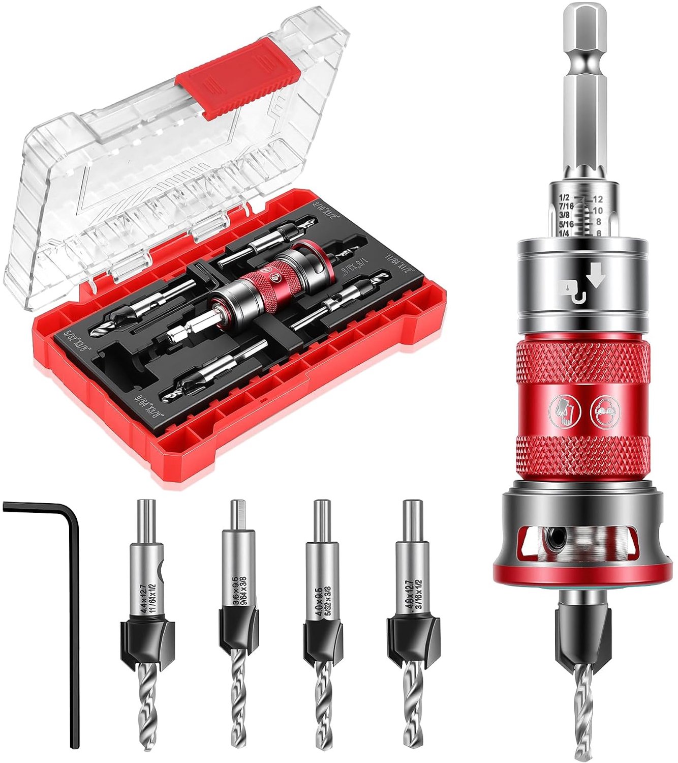 Upgraded Zinkboorset, snelle diepteinstelling, 5-delige TCT-snij- en HSS-M2-verzinkboor met 1/4 inch zeskantschacht, L-sleutel, boorkop met diepteaanslag, ideaal voor houtbewerking