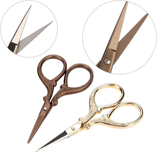 Vintage kraanontwerp roestvrijstalen schoonheidsschaar Professionele wenkbrauwtrimmenschaar voor het verzorgen van make-up 2 stuks goud rood 9,3x4cm — afbeelding 3