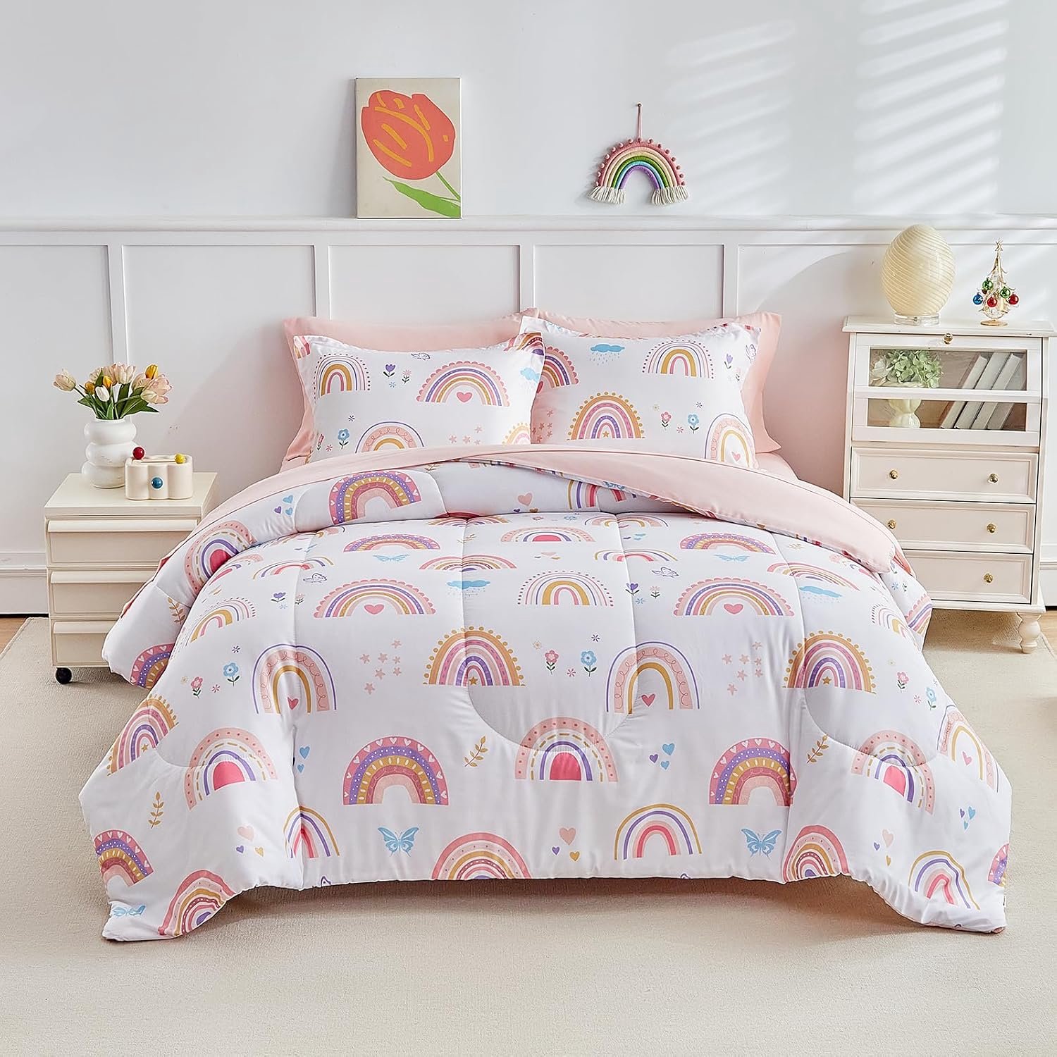 Joyreap 6 stuks bed in een tas voor meisjes, roze regenboog mooi ontwerp, tweepersoons microvezel dekbed lakenset, zacht, gezellig beddengoed dekbed set voor alle seizoenen
