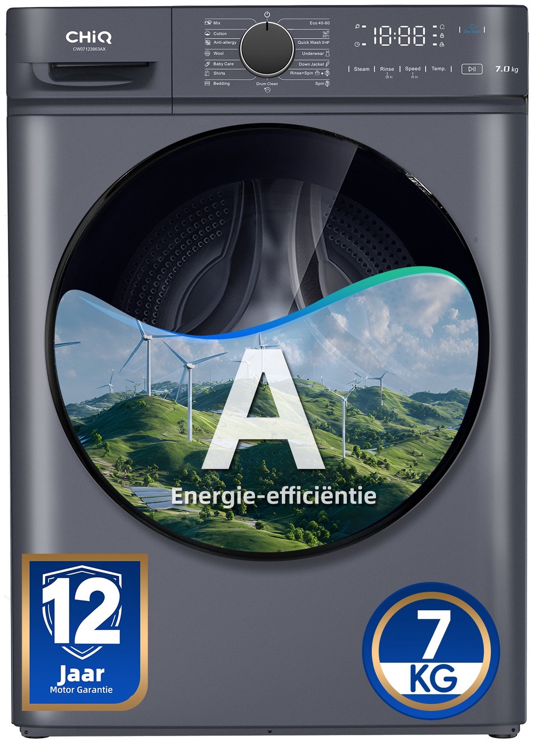 CHiQ CW07123863AX - Wasmachine - 7 KG - Space Pro - 16 programma's - AI Smart - Stoomwassen & Quick Wash - 12 jaar garantie op motor - A