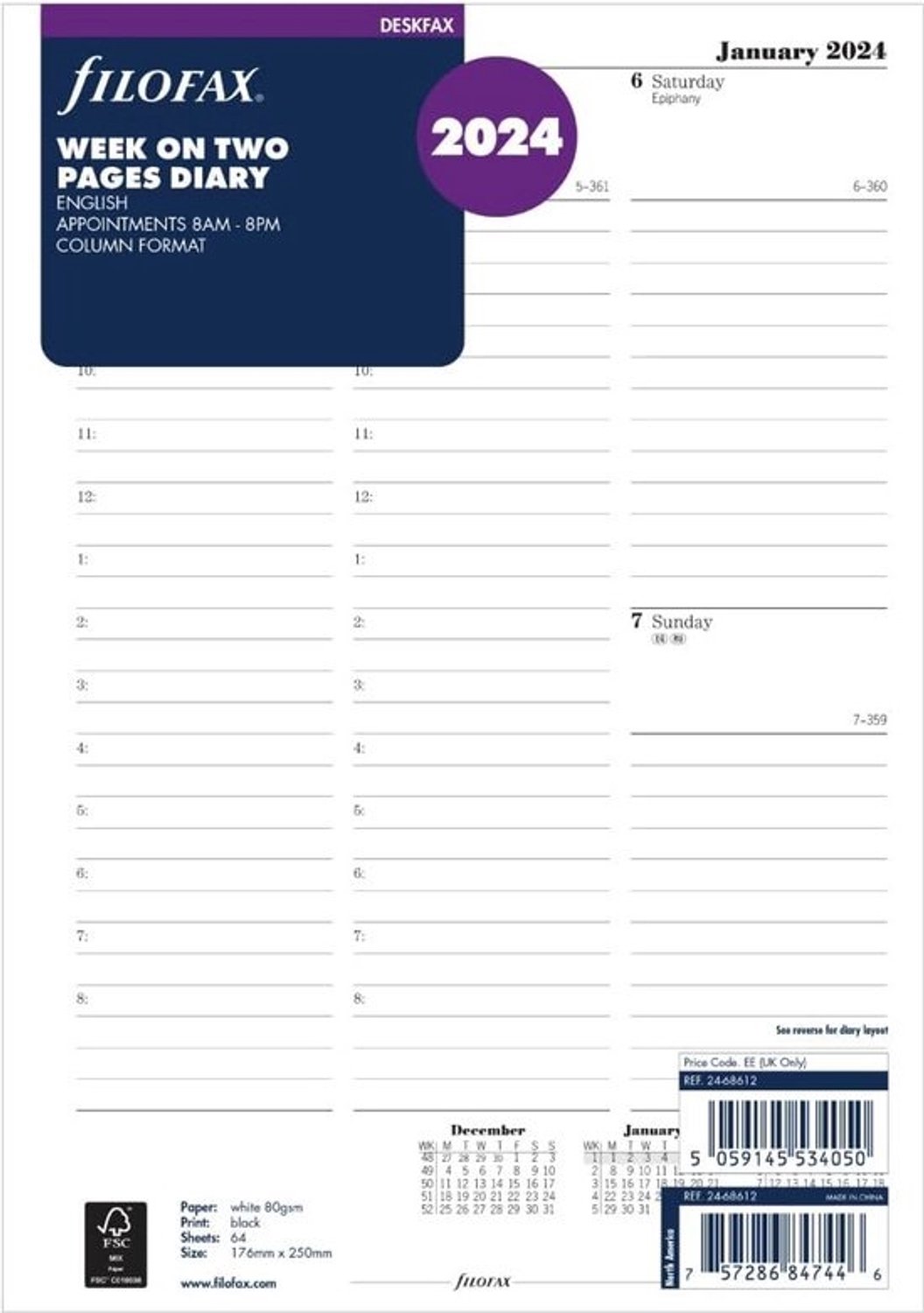 Weekplanner voor 2024 - 2 pagina's voor afspraken - Engels - 176 mm x 250 mm