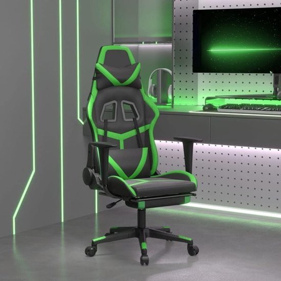 Comfortabele gamingstoel met voetensteun kunstleer zwart en groen — afbeelding 3