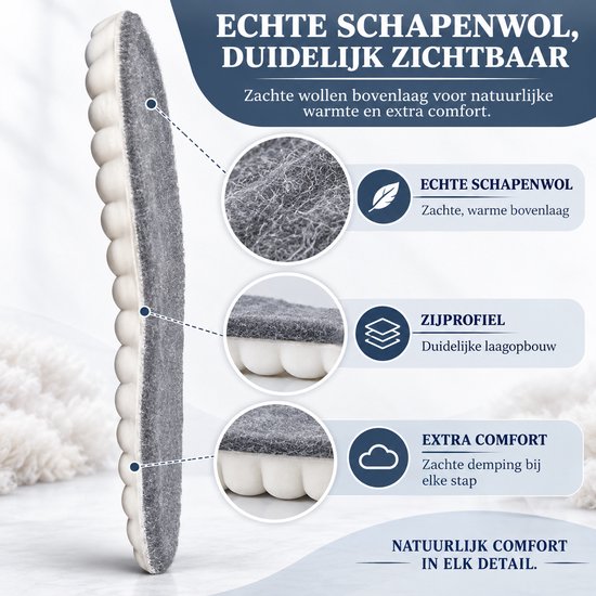 Zijaanzicht van schapenwollen inlegzool met details over de lagen en demping bij elke stap.