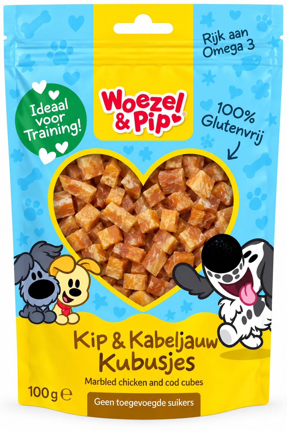 Woezel & Pip Kip & Kabeljauw Kubusjes Hondensnack 100 g