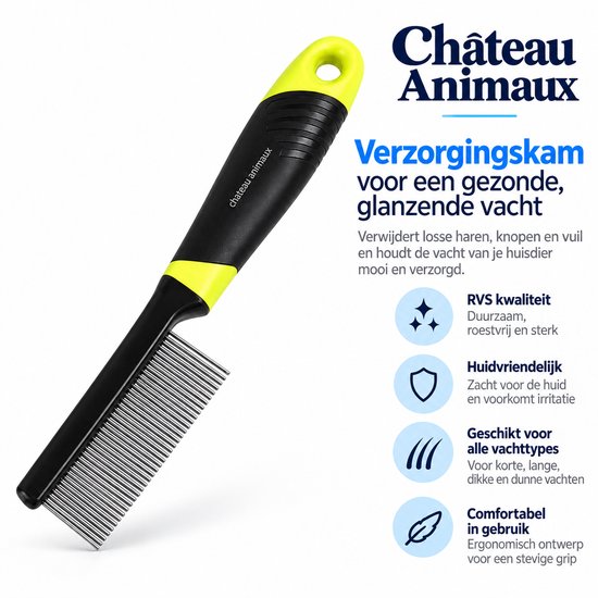Zwarte verzorgingskam met neongele grip, merknaam Château Animaux.