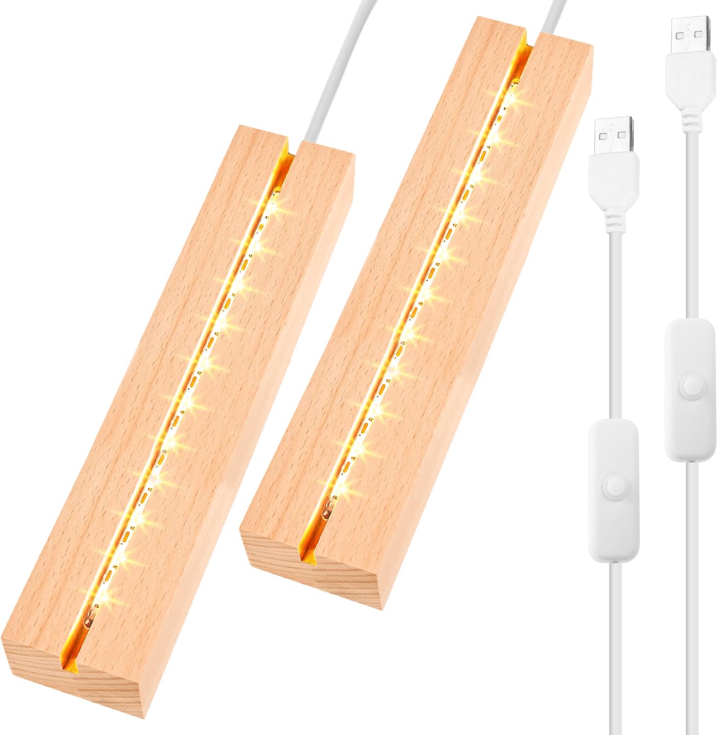 LED-lichten display-basis set van 2 - houten sokkel - rechthoekig - verlichte USB-lampen voor bureau - ShopVlot