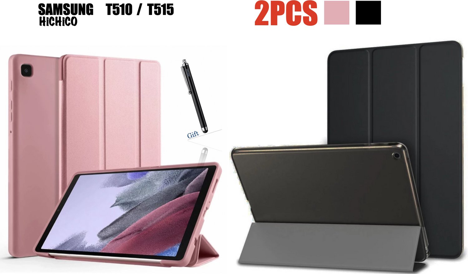 Samsung Galaxy Tab A 10.1 2019 Hoes – SM-T510 / SM-T515 – 360° Draaibare Book Case met Stand & Stylus Pen – Zwart – HiCHiCO - 2PCS