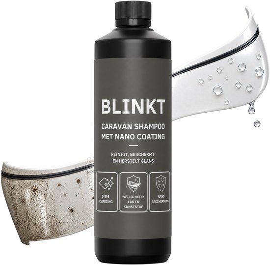 Fles BLINKT Caravan Shampoo met Nano Coating. Reinigt, beschermt, herstelt glans. Iconen voor diepe reiniging, veilig voor lak & kunststof, nano bescherming.