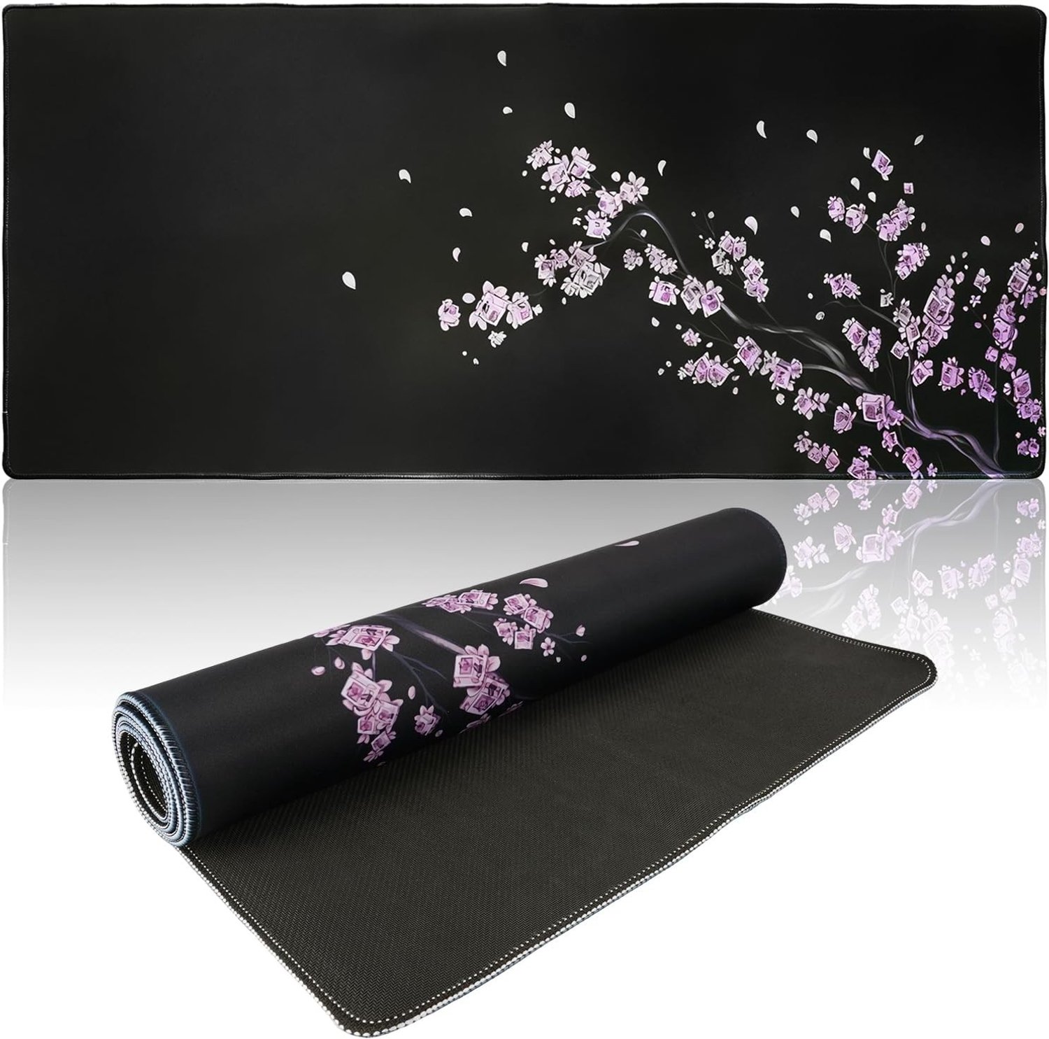 Grote gaming muismat XXL 900x400x3mm met zwarte kersenbloesem en anti-slip ondergrond voor optimale controle