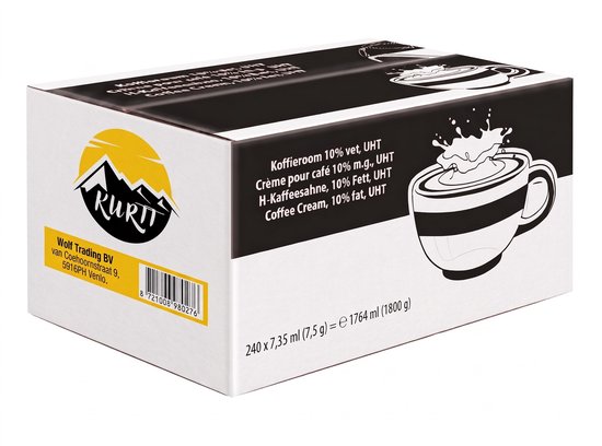 Doos met 240 portieverpakkingen koffieroom. Zijkant met Kurtt logo en afbeelding van koffiekop met melkplons.