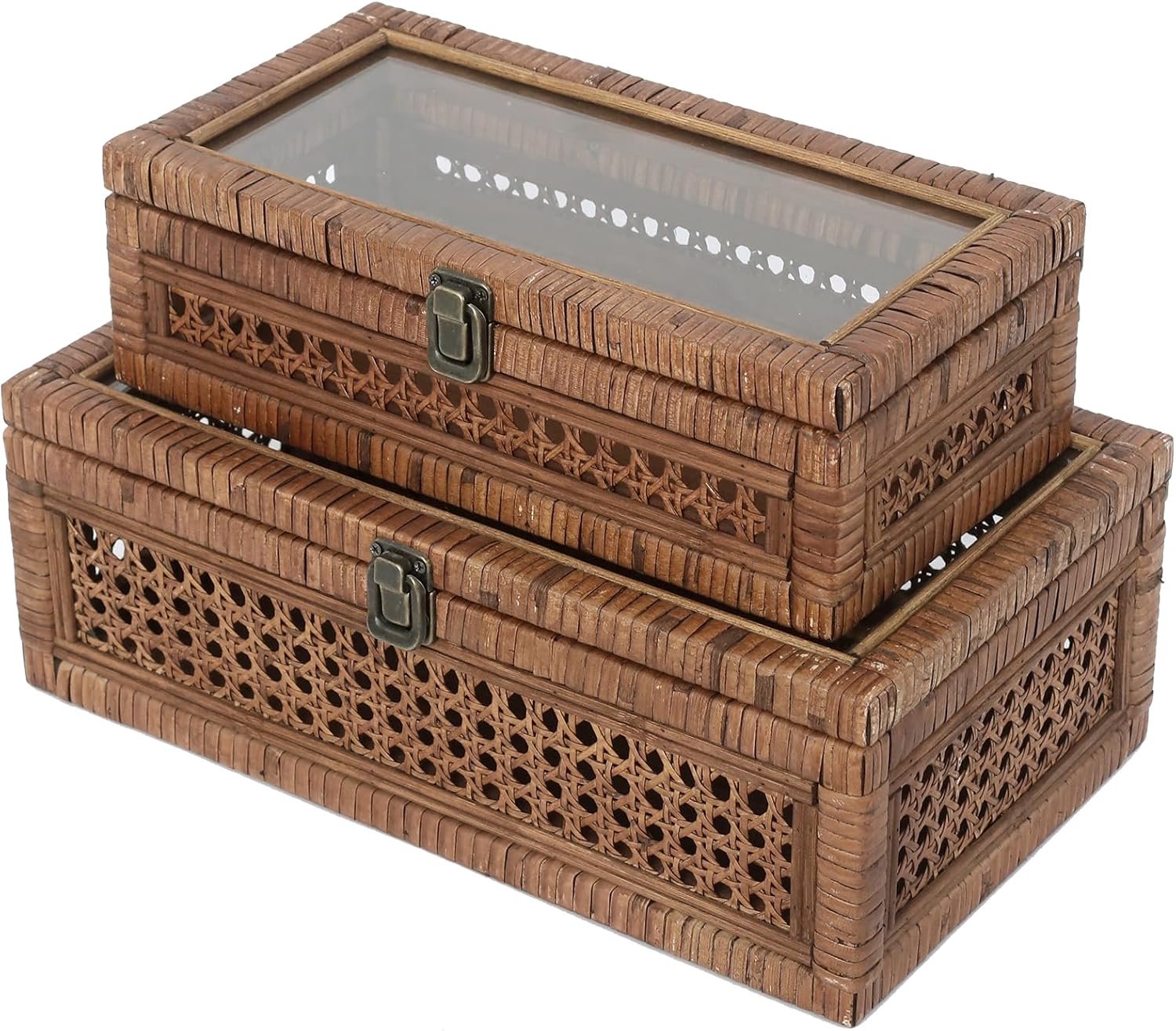 Rattan and Cane Stacking Boxes with Glass Top Lid - Set of 2 for Boho, Coastal, and Rustic Farmhouse Decor, Brown