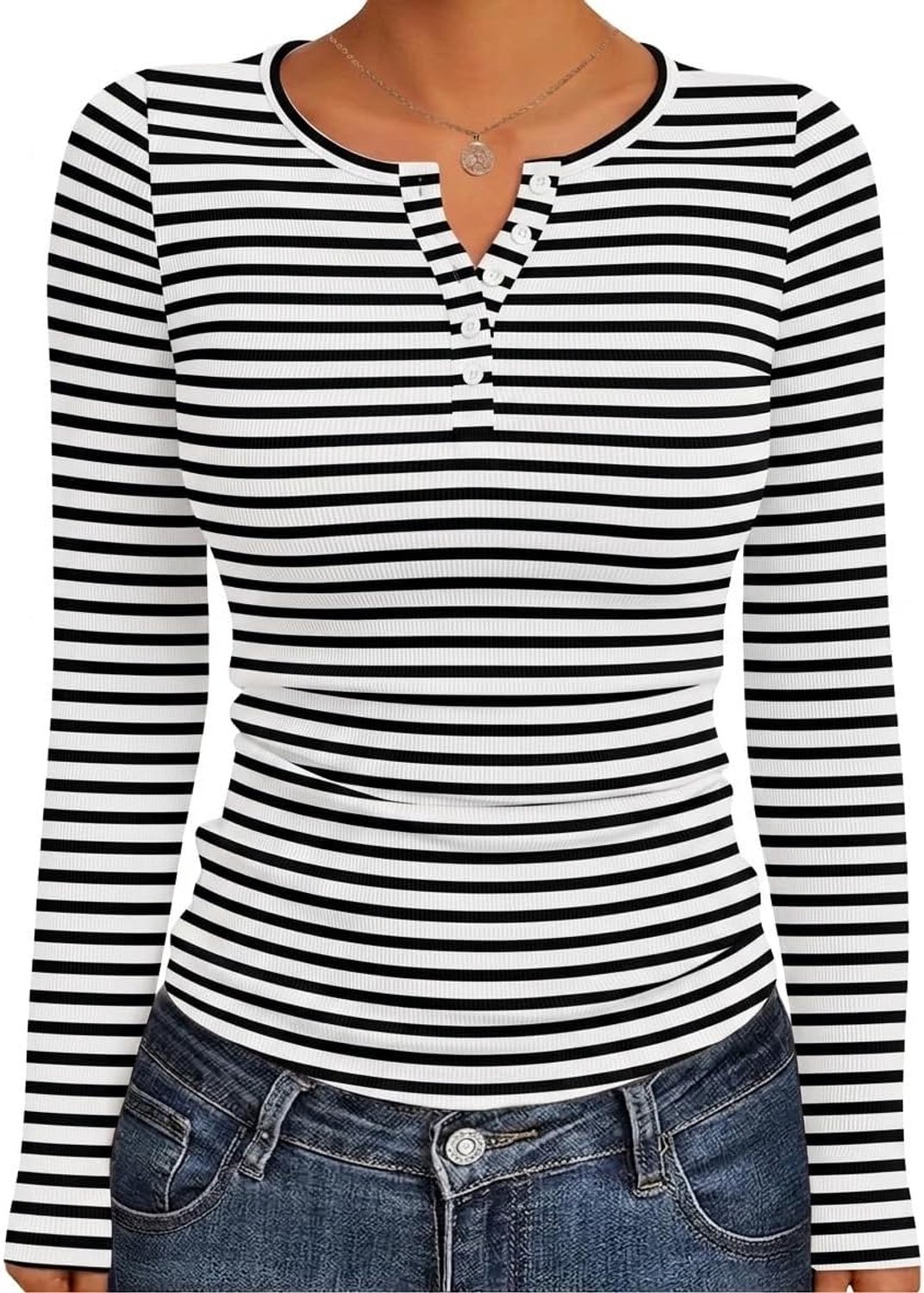 Geribd Henley shirt met lange mouwen voor dames, knoopsluiting