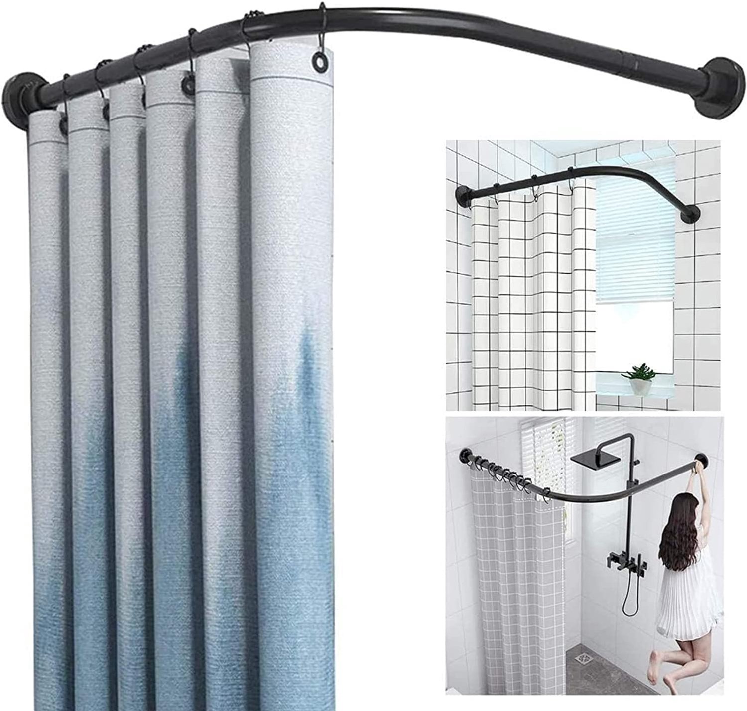 Zwarte L-vormige telescopische gebogen hoek douchestang met inklapbare drempel waterdam verstelbare rekbare spanning douchegordijn stang voor badkamer
