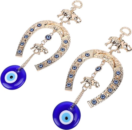 2 Stuks Blauw Oog Charme Hangend Ornament met Olifant Hoefijzerontwerp, Perfect voor Thuis Muur Raam Tuin Kantoor Decor, Blauwe Boze Oog Muur Hangende Hanger & Gouden Hoefijzer — afbeelding 2