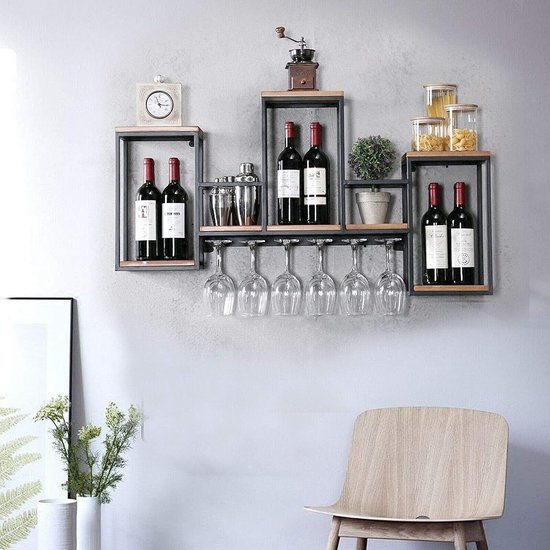 Vintage wandrek, houten bar, wijnflessenhouder, rustiek + glashouder, wandmontage, wijnrek, wandmontage, decoratie, metalen hangrek — afbeelding 4